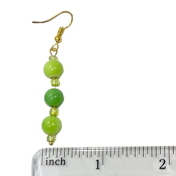 Murano Style Art Glass Bead Ball Earrings Lime Green Gold Plated Seed Beads - Picture 5 of 6